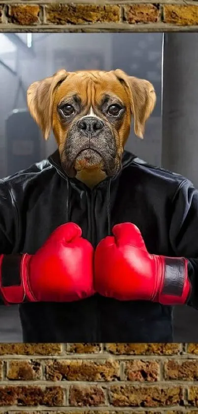 Wallpaper of a boxer dog in red gloves on brick wall.