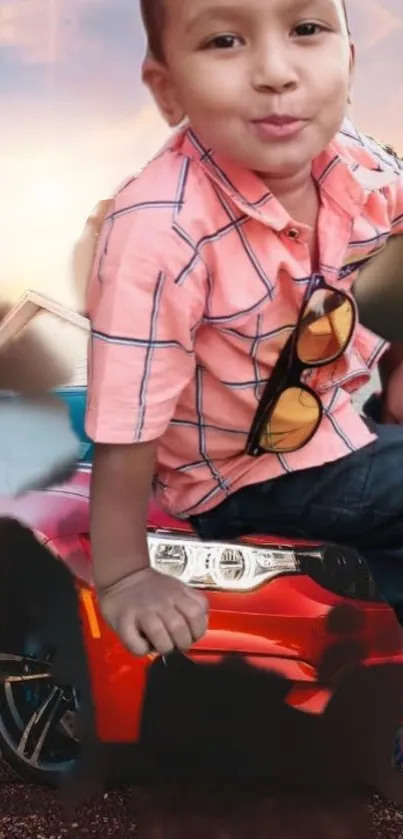 Boy sitting on a red sports car with sunglasses.