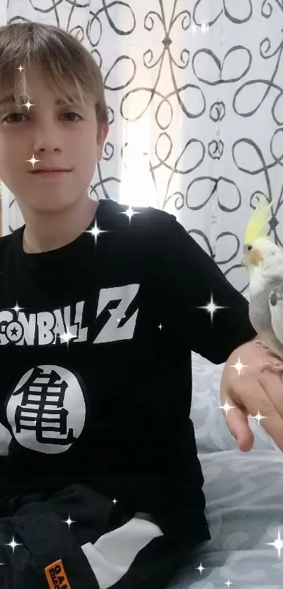 Boy with cockatiel on hand, cozy room setting.