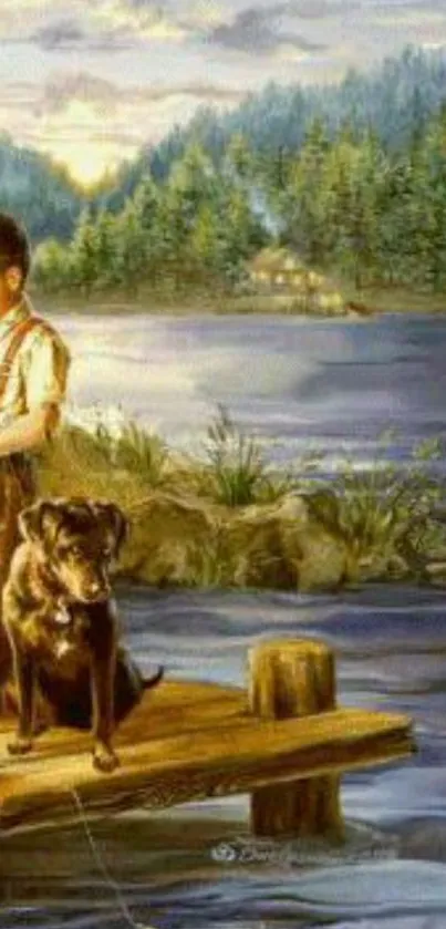 Boy and dog on a dock by a lake in a tranquil, forested setting.