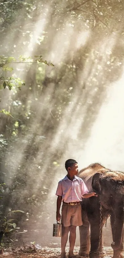 Boy with elephant in sunlight-filled forest wallpaper.