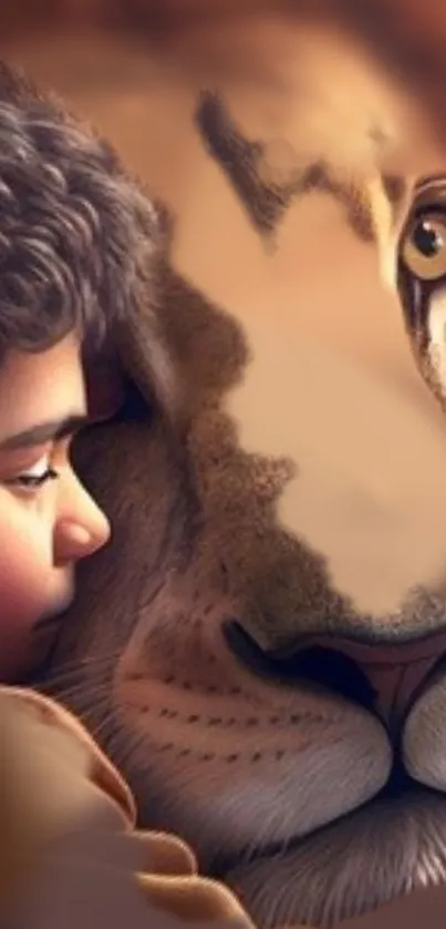 Boy resting against a majestic lion in fantasy art style.