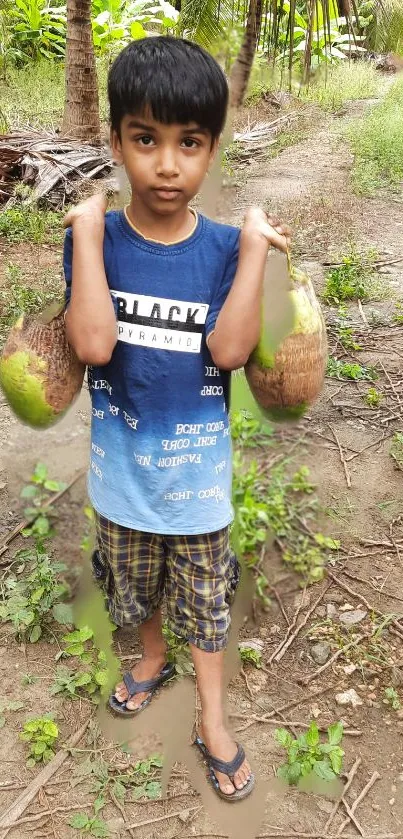 Young boy holding coconuts in a tropical landscape, wearing casual clothes.