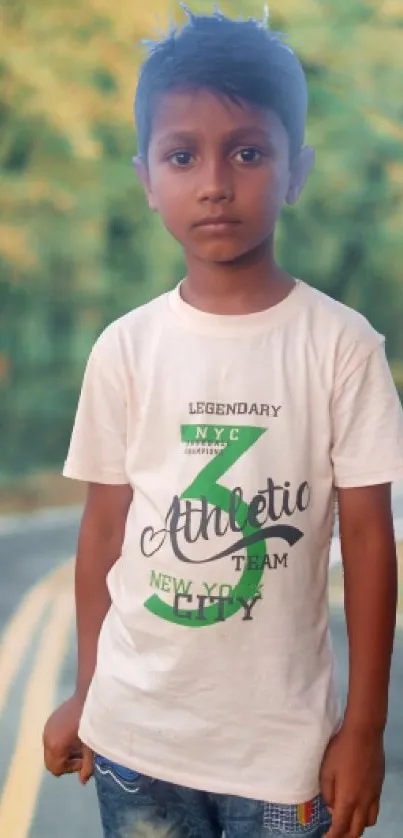 Young boy standing on a scenic road.