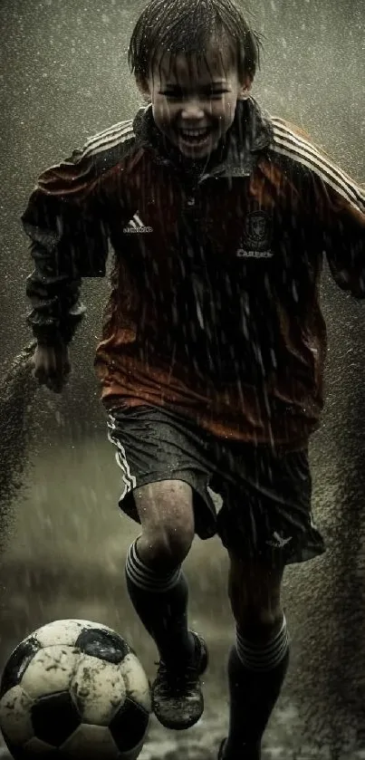 Young boy playing soccer passionately in the rain.