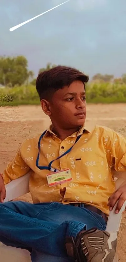 Young boy in yellow shirt relaxing outdoors in a rural landscape.