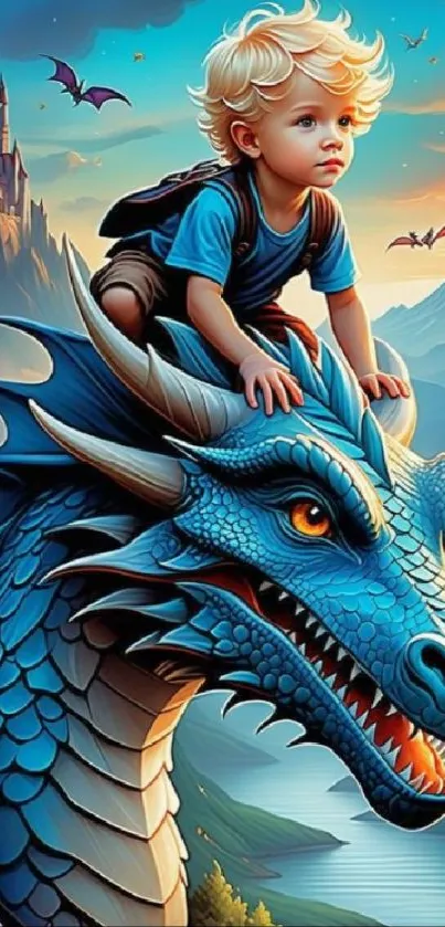 A young boy riding a blue dragon in a fantasy landscape with castle and mountains.