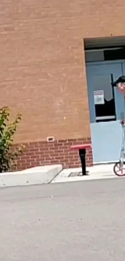 Boy rides a scooter past a brick wall and door.