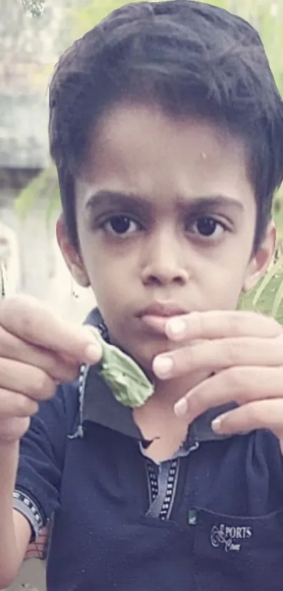 A young boy holds a green leaf in a natural outdoor setting.