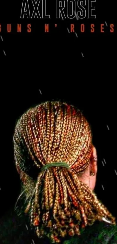 Back view of braided hair with band text on black background.