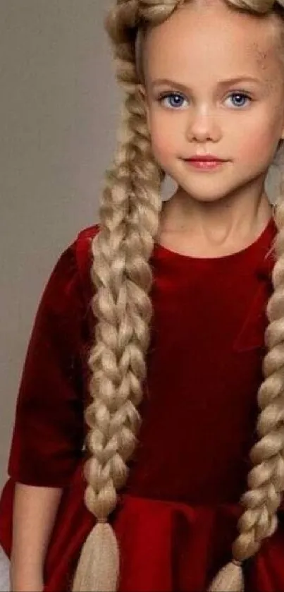 Portrait of a young child with braided hair and a red dress.