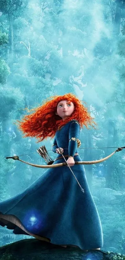 Red-haired archer in a teal forest scene.