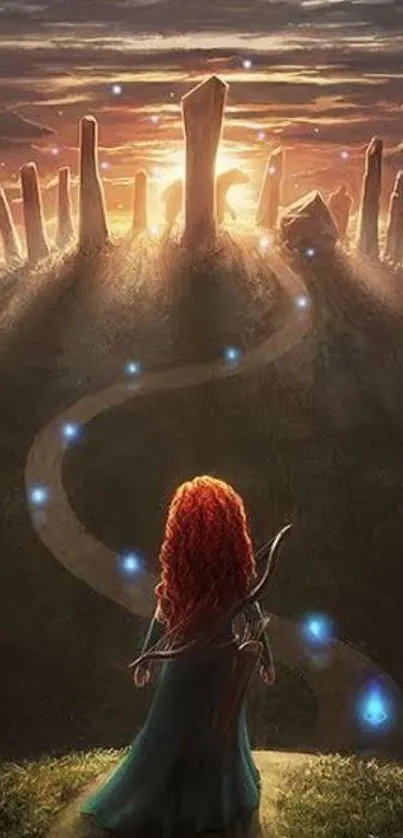 A female archer gazes at a magical sunset path with glowing orbs.