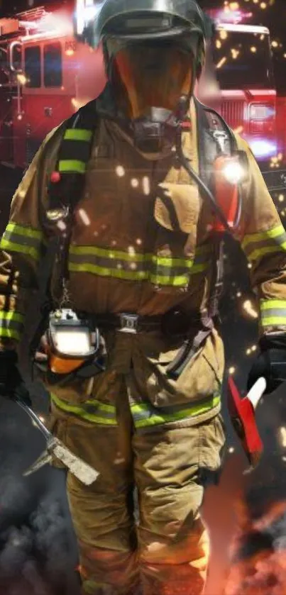 Firefighter in gear with background fire truck and flames.