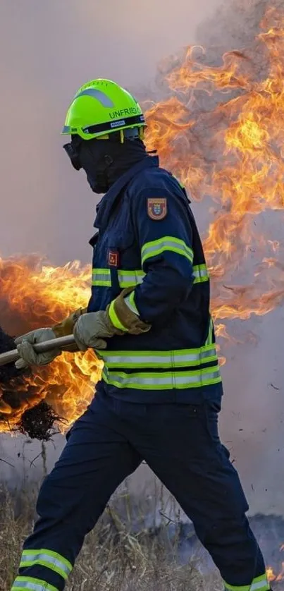 Firefighter heroically battling intense flames in action-packed scene.