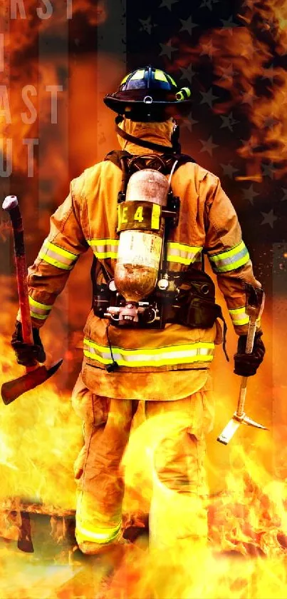 Firefighter stands amid intense flames, representing courage.