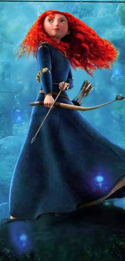 Red-haired warrior in blue dress in a mystical forest scene.