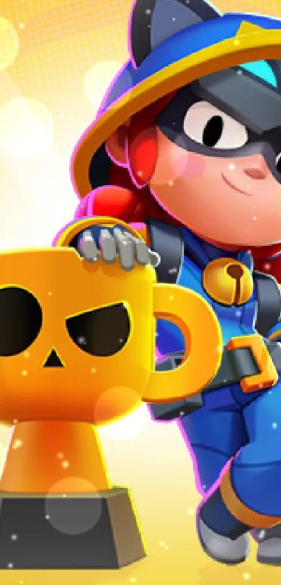 Brawl Stars character with trophy on a bright yellow background.