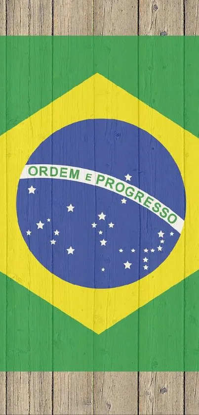 Brazil flag on rustic wooden background for mobile wallpaper.