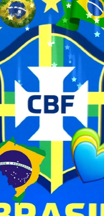 Brazilian football CBF emblem with blue background and vibrant symbols.