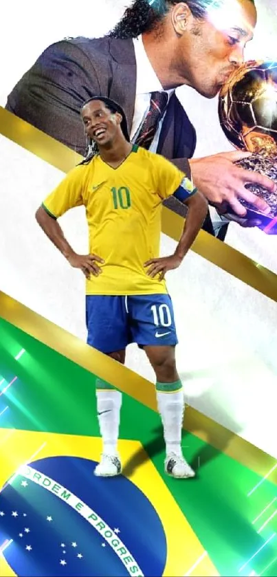 A famous Brazilian soccer player in iconic poses with the Brazil flag background.