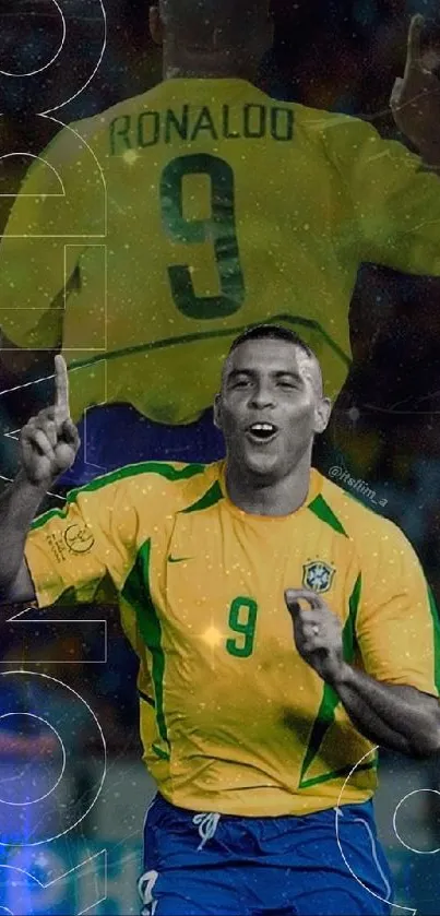 Brazilian soccer legend in yellow jersey celebrating a goal.