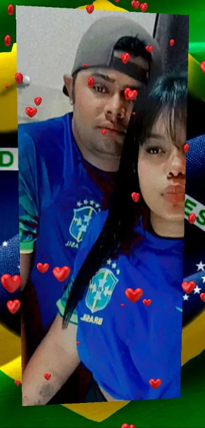 Brazil flag phone wallpaper with couple and hearts.