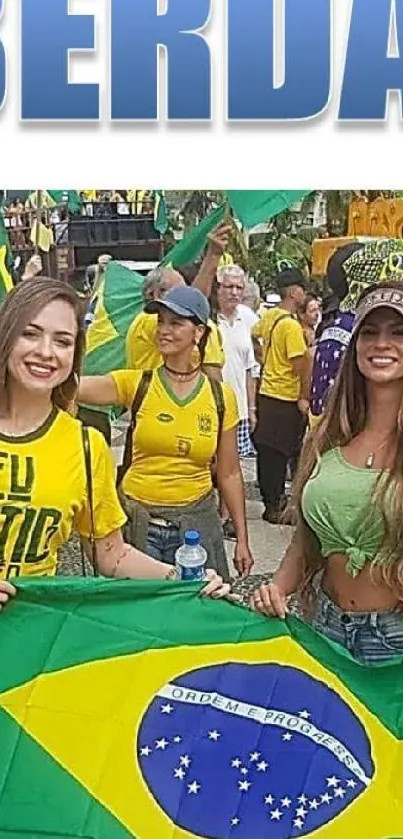 Women celebrating with Brazilian flag outdoors, vibrant festival atmosphere.