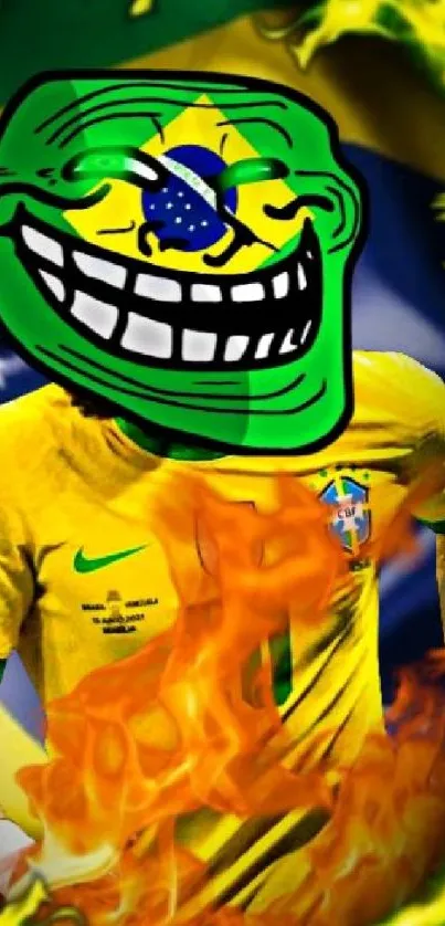 Vibrant Brazilian-themed meme artwork with flames.