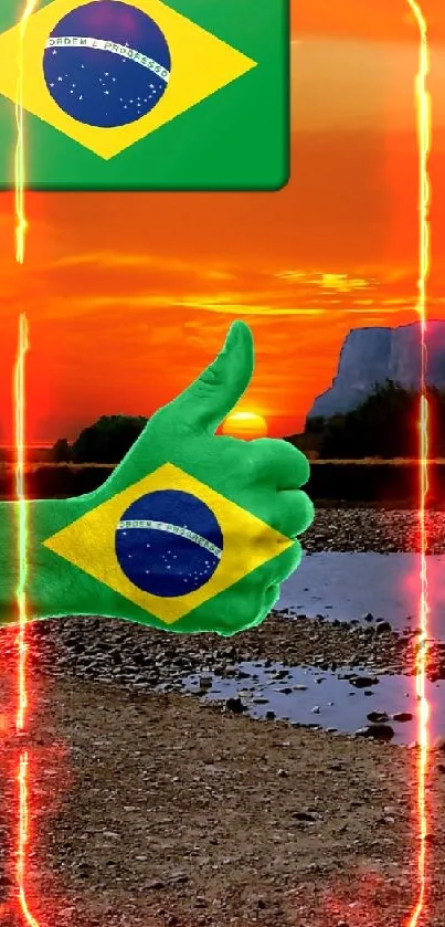 Brazilian flag sunset wallpaper with scenic river and glowing sky.