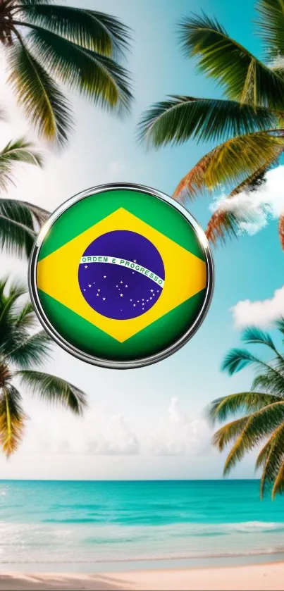 Brazilian flag and palm trees on tropical beach wallpaper.