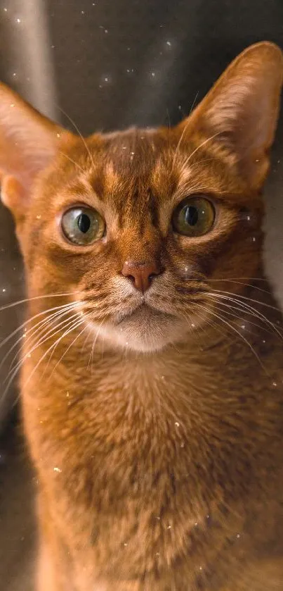 Close-up of an Abyssinian cat with striking green eyes.