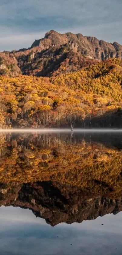 Autumn mountain reflection with colorful foliage.