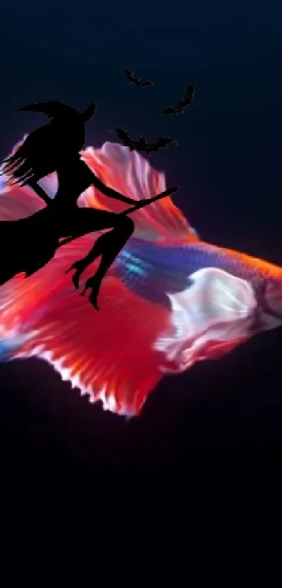 Vibrant betta fish with witch silhouette in enchanting wallpaper.