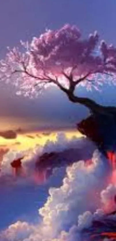 Cherry blossom tree on cliff against colorful sky.