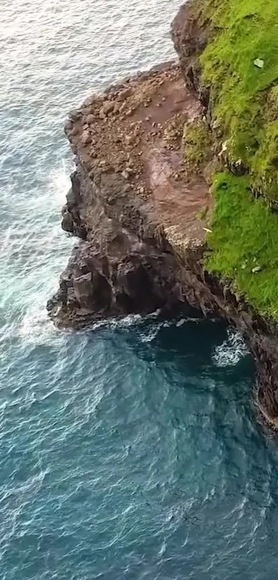 A breathtaking coastal cliff with green grass beside a vibrant blue ocean.