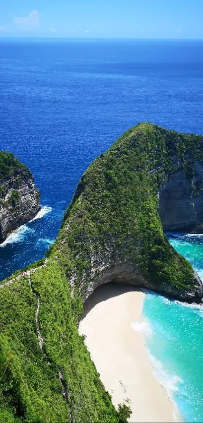 Aerial view of lush green cliffs and turquoise beach.