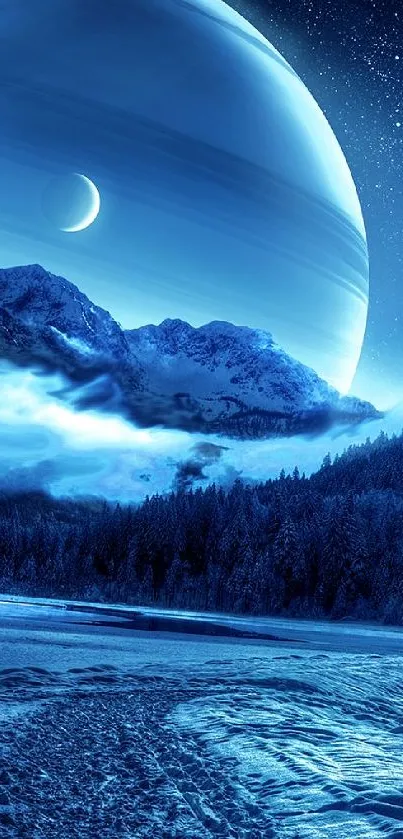 Surreal blue planet with mountains and starry sky.