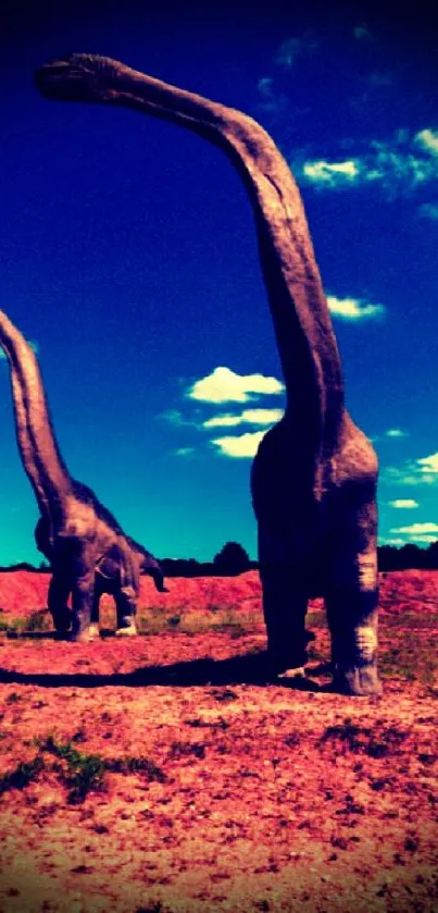 Dinosaurs under a vivid blue sky landscape.