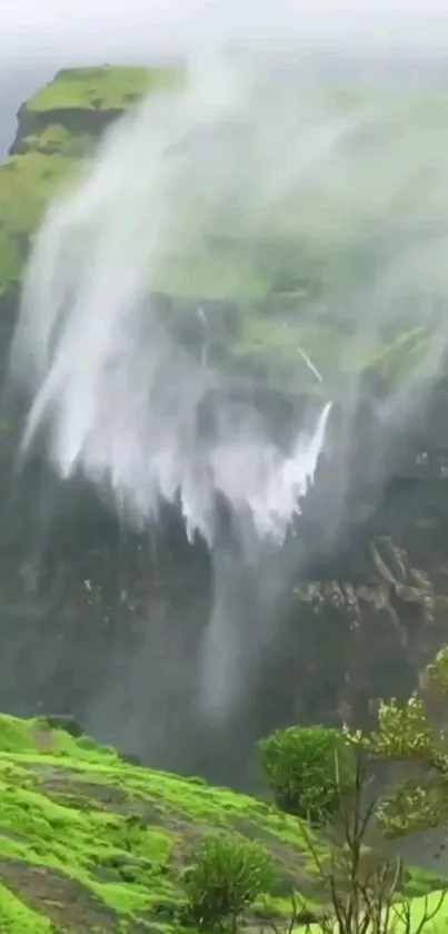 Lush green landscape with a stunning waterfall cascade, perfect for mobile wallpaper.