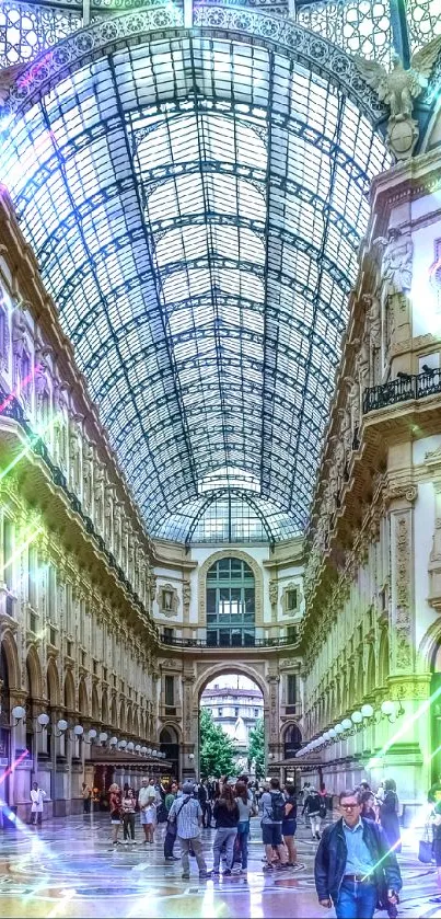 Intricate architecture in a historic shopping arcade scene.