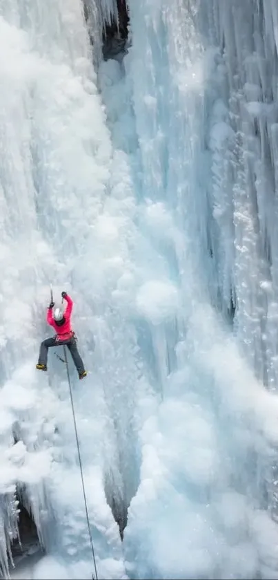 Ice climber scaling massive frozen cliffs in winter.