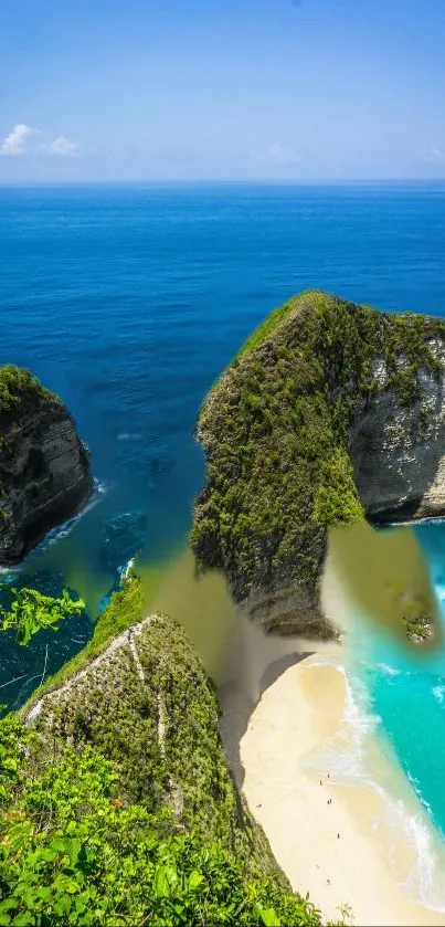 A stunning scenic view of a tropical island with azure waters and a sandy beach.