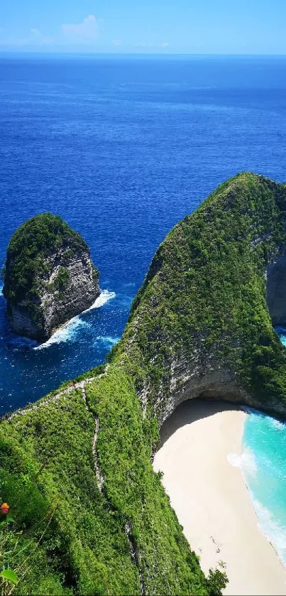 A breathtaking view of a tropical beach with clear blue waters and lush cliffs.