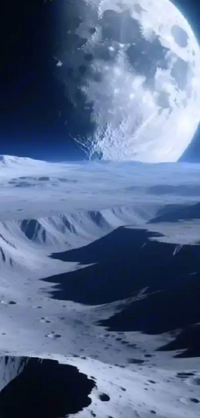 Lunar landscape with a prominent moon in the night sky