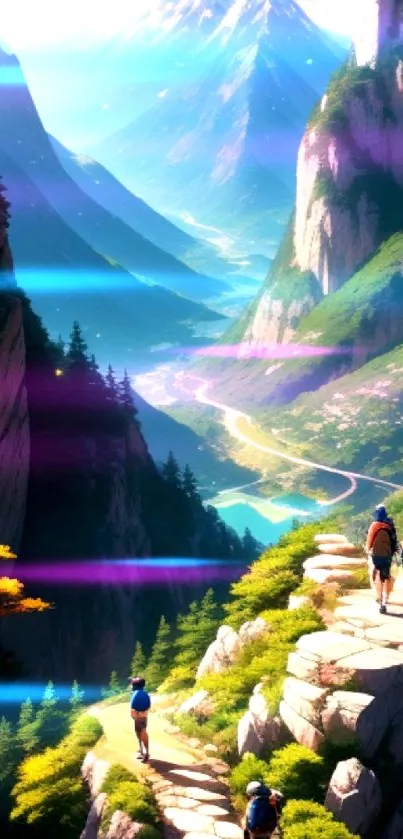 Hikers on a mountain path with stunning scenery and lush green landscapes.