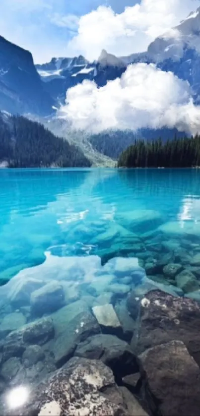 Turquoise mountain lake with rocky shore.