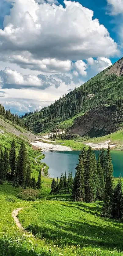 Breathtaking view of a mountain lake with lush greenery and a cloudy sky.