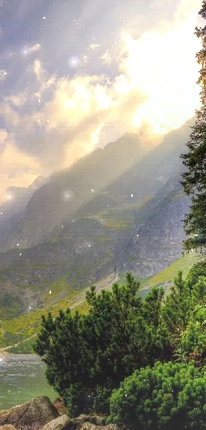 Lush mountain scene with trees and lake under a vibrant sky.