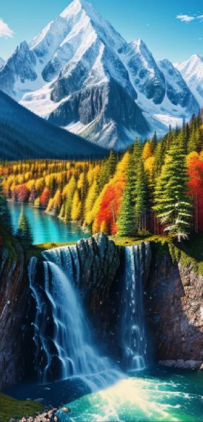 Mobile wallpaper of a majestic mountain landscape with cascading waterfalls and autumn trees.